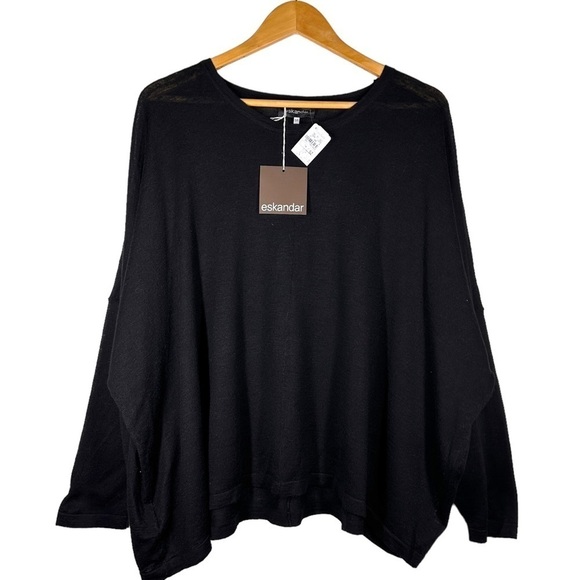 Eskandar Wide Round Neck Silk Linen Top in Black OS - Picture 1 of 6